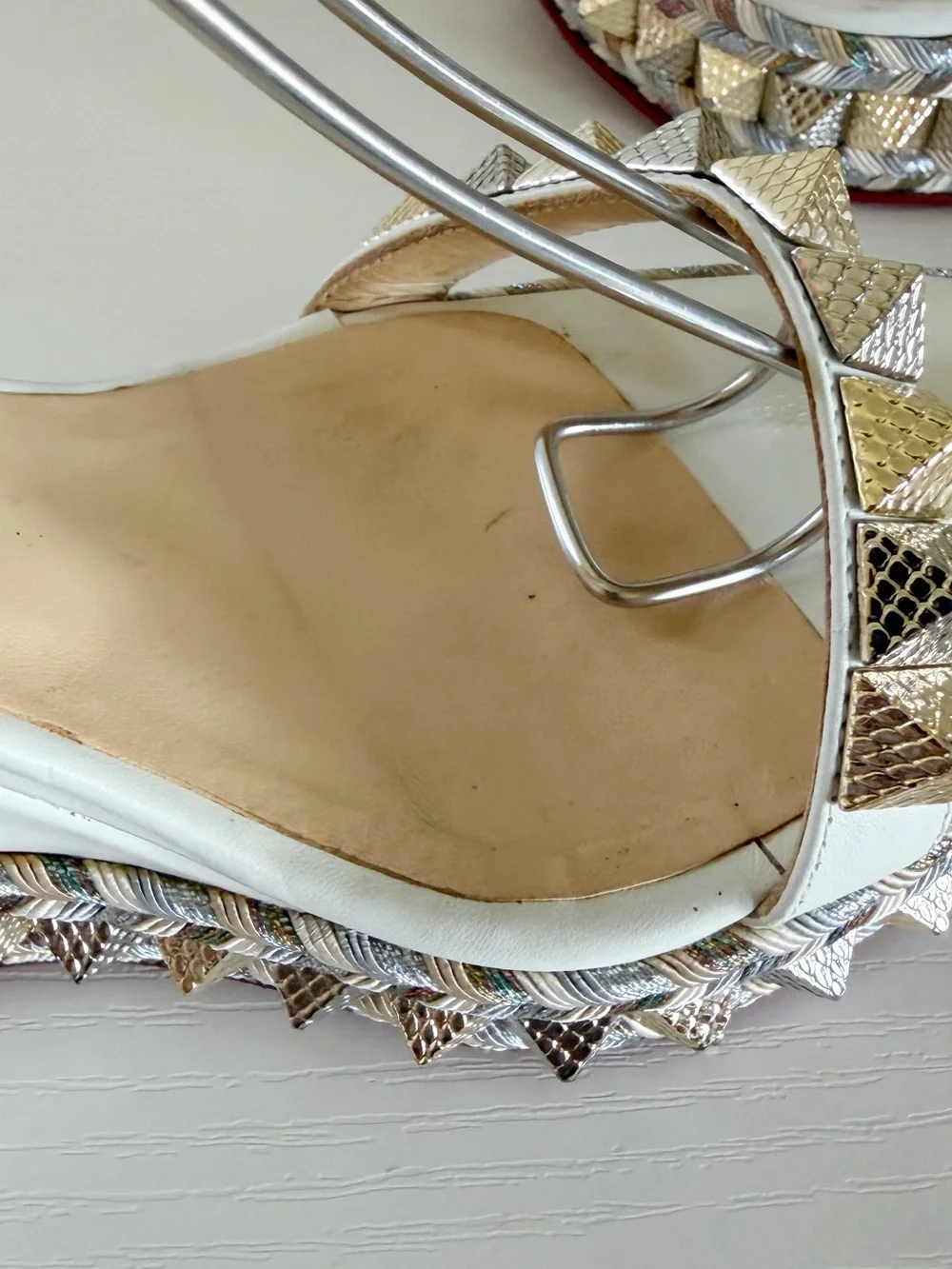 Christian Louboutin Pyraclou Latte White Studded Wedge Sandals Size EU 38